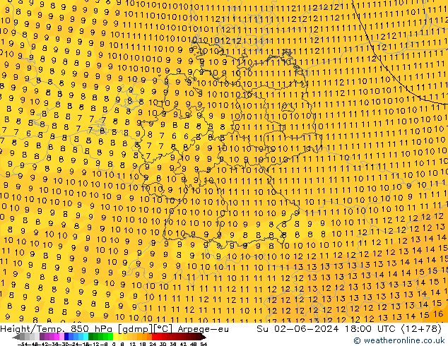 Hoogte/Temp. 850 hPa Arpege-eu zo 02.06.2024 18 UTC