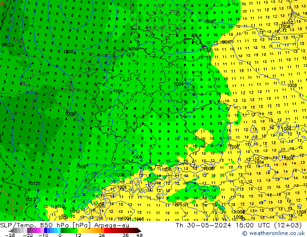 SLP/Temp. 850 hPa Arpege-eu Do 30.05.2024 15 UTC