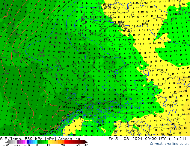 SLP/Temp. 850 hPa Arpege-eu Pá 31.05.2024 09 UTC