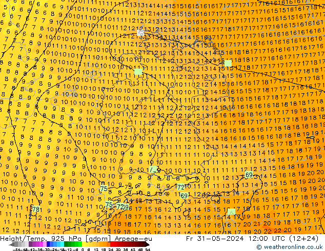 Yükseklik/Sıc. 925 hPa Arpege-eu Cu 31.05.2024 12 UTC