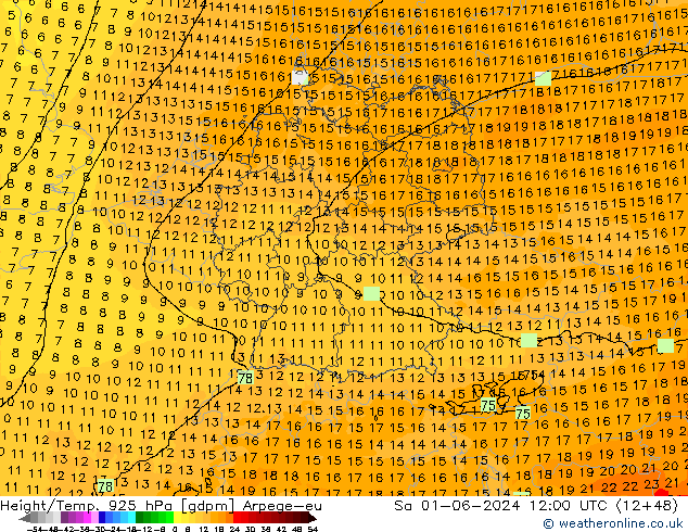 Yükseklik/Sıc. 925 hPa Arpege-eu Cts 01.06.2024 12 UTC