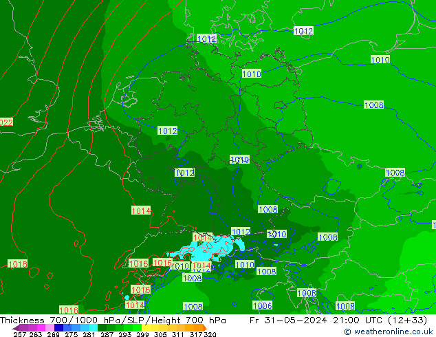 Thck 700-1000 hPa Arpege-eu  31.05.2024 21 UTC