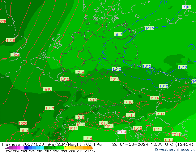 Espesor 700-1000 hPa Arpege-eu sáb 01.06.2024 18 UTC