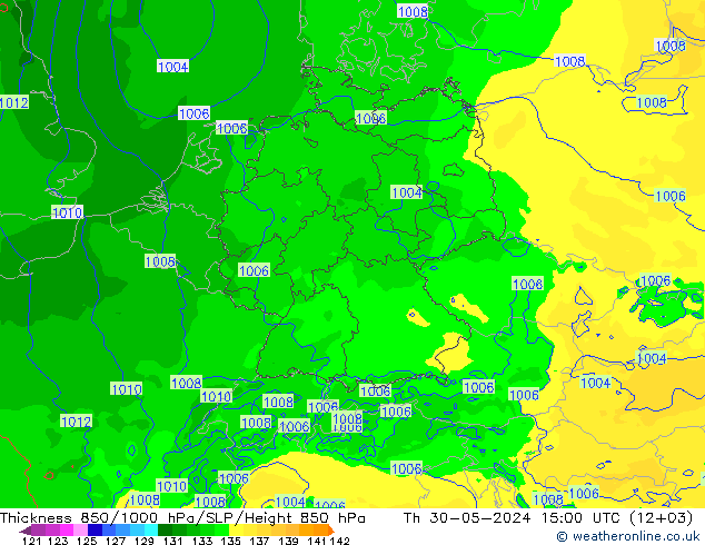 Espesor 850-1000 hPa Arpege-eu jue 30.05.2024 15 UTC