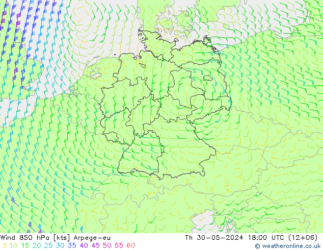 Vento 850 hPa Arpege-eu Qui 30.05.2024 18 UTC