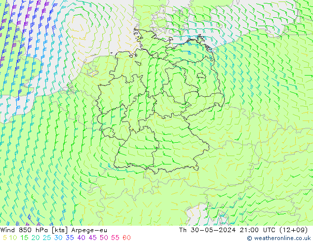 Vento 850 hPa Arpege-eu gio 30.05.2024 21 UTC