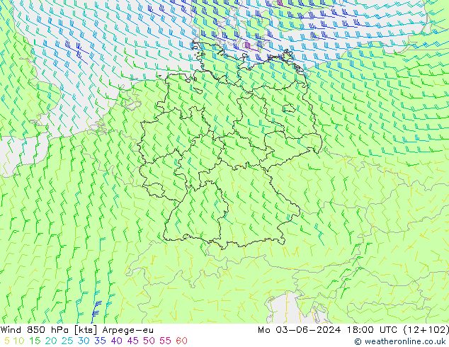 Wind 850 hPa Arpege-eu ma 03.06.2024 18 UTC