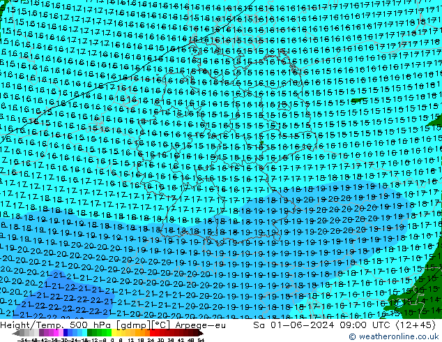 Hoogte/Temp. 500 hPa Arpege-eu za 01.06.2024 09 UTC