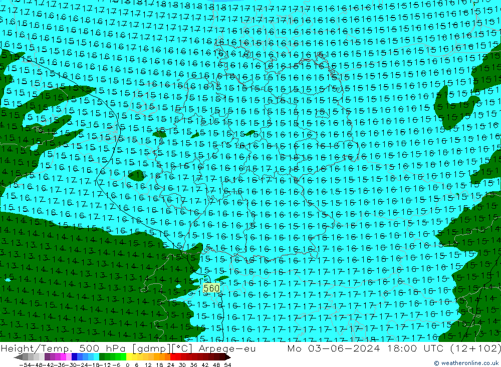 Geop./Temp. 500 hPa Arpege-eu lun 03.06.2024 18 UTC