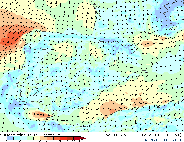 Wind 10 m (bft) Arpege-eu za 01.06.2024 18 UTC
