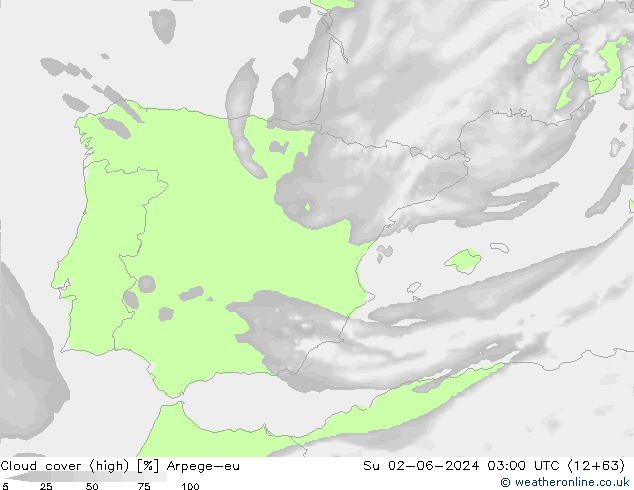 Cloud cover (high) Arpege-eu Su 02.06.2024 03 UTC