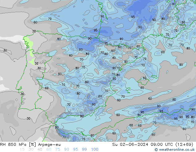 RH 850 hPa Arpege-eu Su 02.06.2024 09 UTC