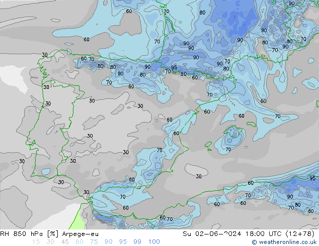 RH 850 hPa Arpege-eu Su 02.06.2024 18 UTC