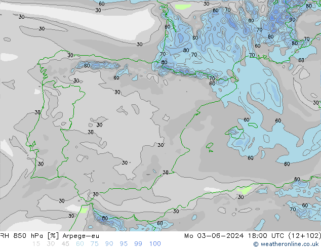 RH 850 hPa Arpege-eu Mo 03.06.2024 18 UTC