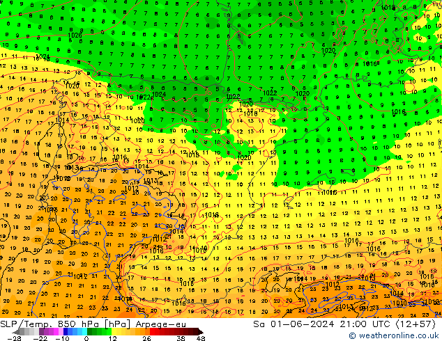 SLP/Temp. 850 hPa Arpege-eu Sa 01.06.2024 21 UTC