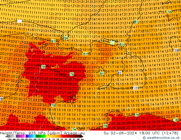 Height/Temp. 925 hPa Arpege-eu Su 02.06.2024 18 UTC