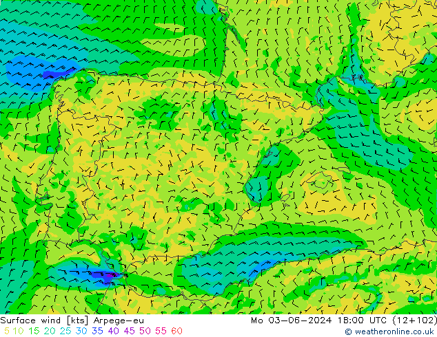 Vento 10 m Arpege-eu lun 03.06.2024 18 UTC