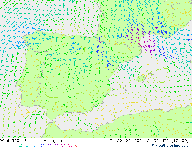 Wind 850 hPa Arpege-eu Čt 30.05.2024 21 UTC