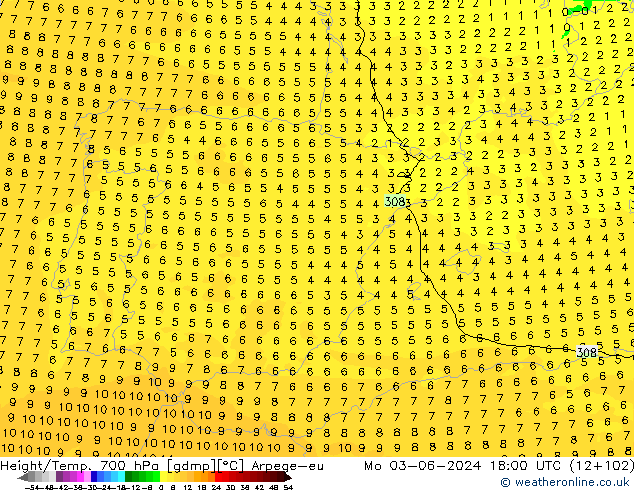 Yükseklik/Sıc. 700 hPa Arpege-eu Pzt 03.06.2024 18 UTC