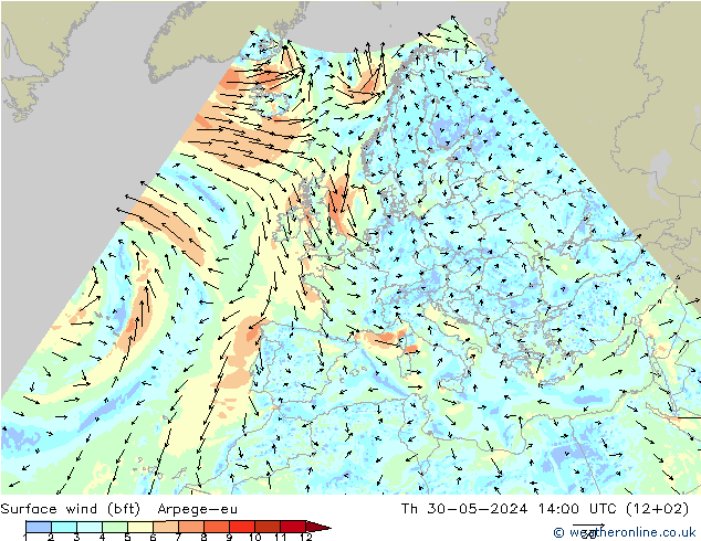Surface wind (bft) Arpege-eu Th 30.05.2024 14 UTC
