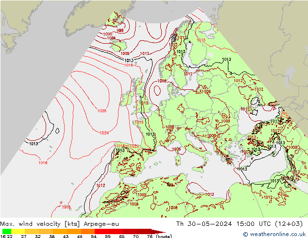 Max. wind velocity Arpege-eu  30.05.2024 15 UTC