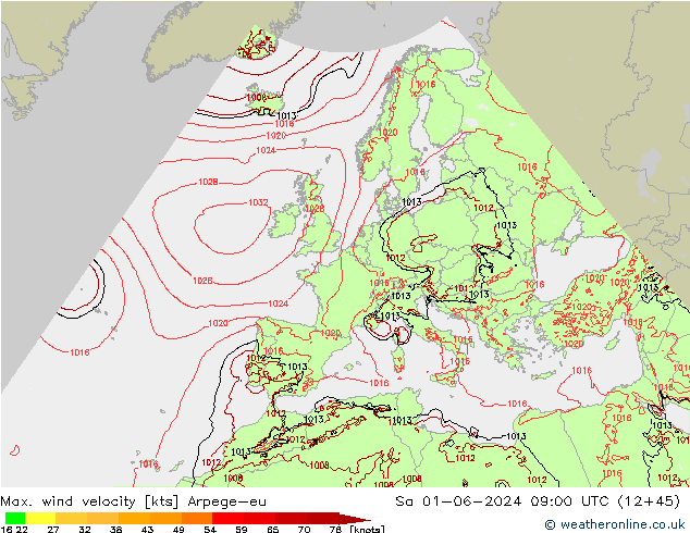 Max. wind velocity Arpege-eu Sáb 01.06.2024 09 UTC