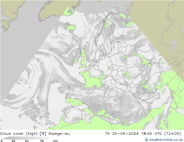 Cloud cover (high) Arpege-eu Th 30.05.2024 18 UTC