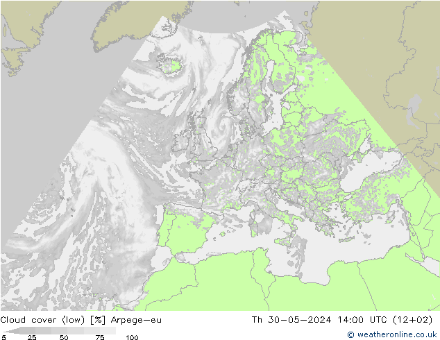 Cloud cover (low) Arpege-eu Th 30.05.2024 14 UTC