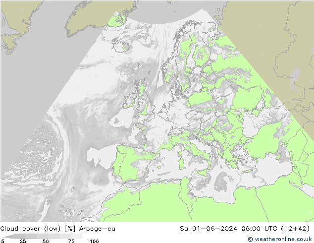 Cloud cover (low) Arpege-eu Sa 01.06.2024 06 UTC