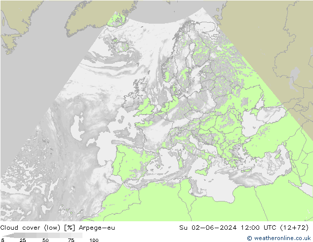 Cloud cover (low) Arpege-eu Su 02.06.2024 12 UTC