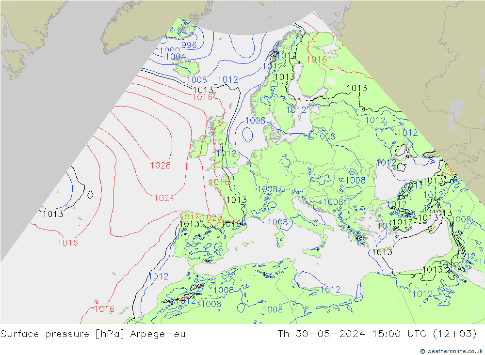 Pressione al suolo Arpege-eu gio 30.05.2024 15 UTC