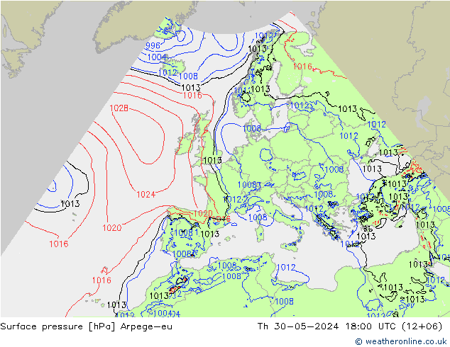 地面气压 Arpege-eu 星期四 30.05.2024 18 UTC