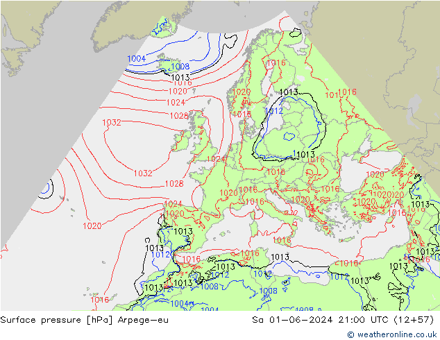 Pressione al suolo Arpege-eu sab 01.06.2024 21 UTC
