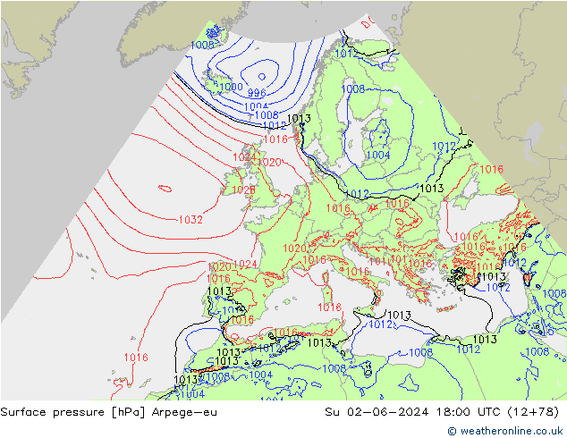 Presión superficial Arpege-eu dom 02.06.2024 18 UTC