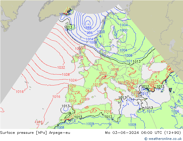 Surface pressure Arpege-eu Mo 03.06.2024 06 UTC