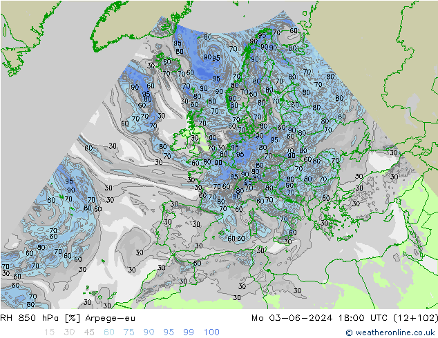 850 hPa Nispi Nem Arpege-eu Pzt 03.06.2024 18 UTC