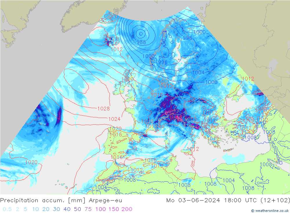 Precipitation accum. Arpege-eu Mo 03.06.2024 18 UTC