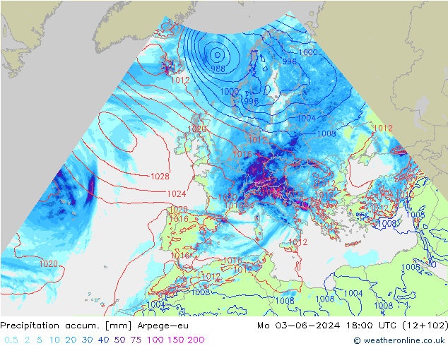 Totale neerslag Arpege-eu ma 03.06.2024 18 UTC