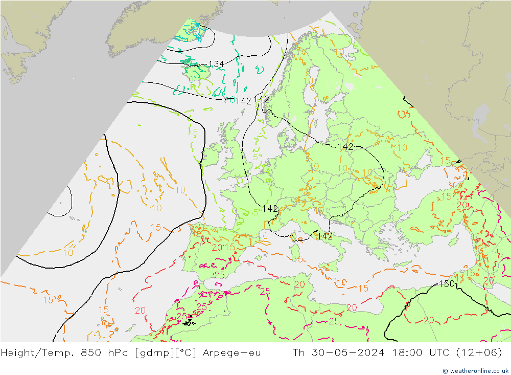 Geop./Temp. 850 hPa Arpege-eu jue 30.05.2024 18 UTC