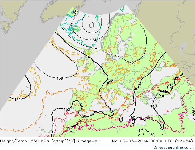 Height/Temp. 850 hPa Arpege-eu Mo 03.06.2024 00 UTC