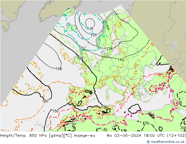 Height/Temp. 850 hPa Arpege-eu Mo 03.06.2024 18 UTC