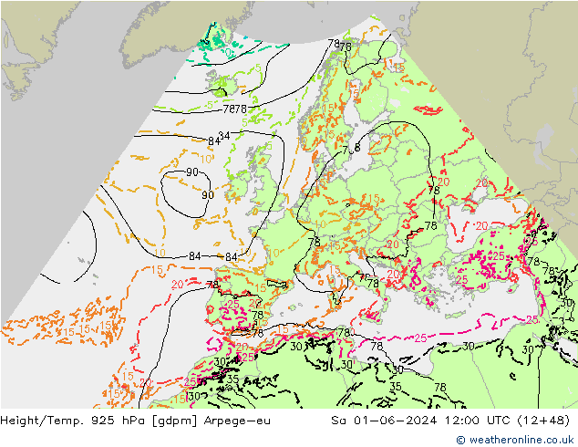 Height/Temp. 925 hPa Arpege-eu Sa 01.06.2024 12 UTC