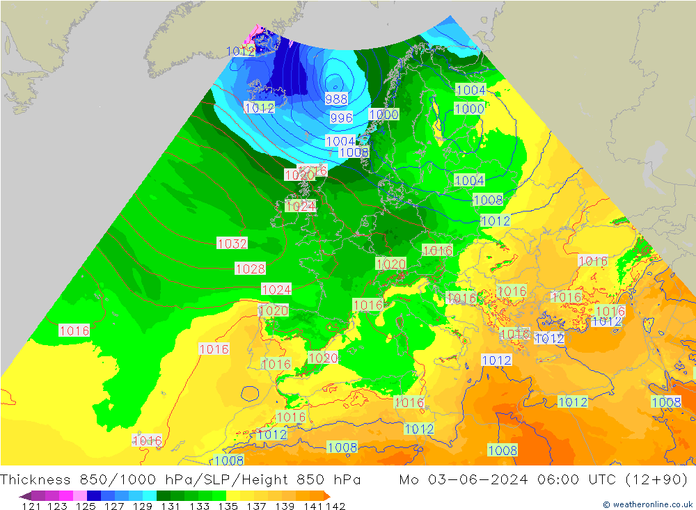 Thck 850-1000 hPa Arpege-eu Mo 03.06.2024 06 UTC