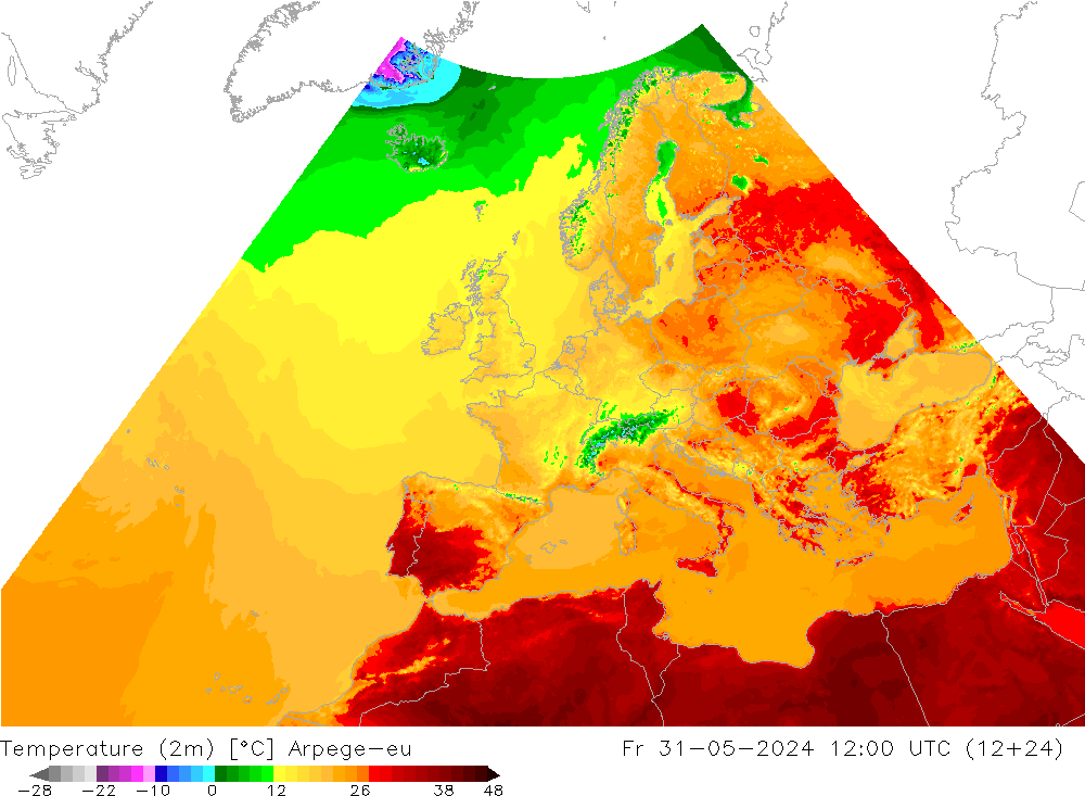 温度图 Arpege-eu 星期五 31.05.2024 12 UTC
