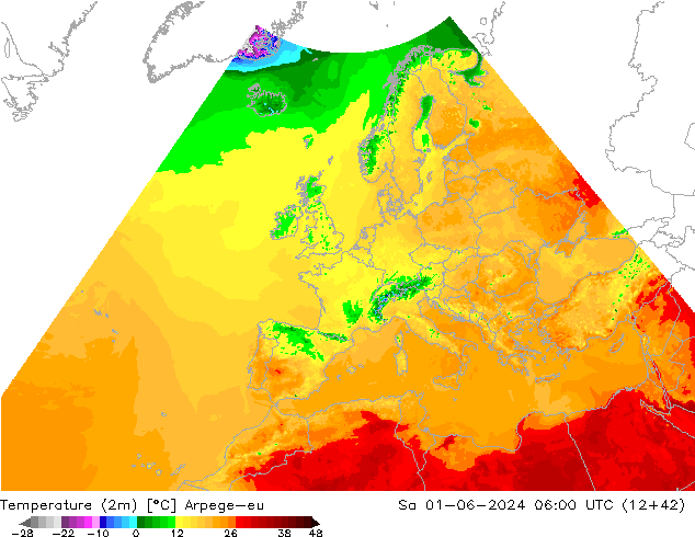 Temperatura (2m) Arpege-eu Sáb 01.06.2024 06 UTC