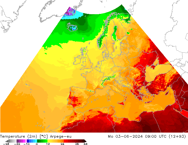 Temperaturkarte (2m) Arpege-eu Mo 03.06.2024 09 UTC