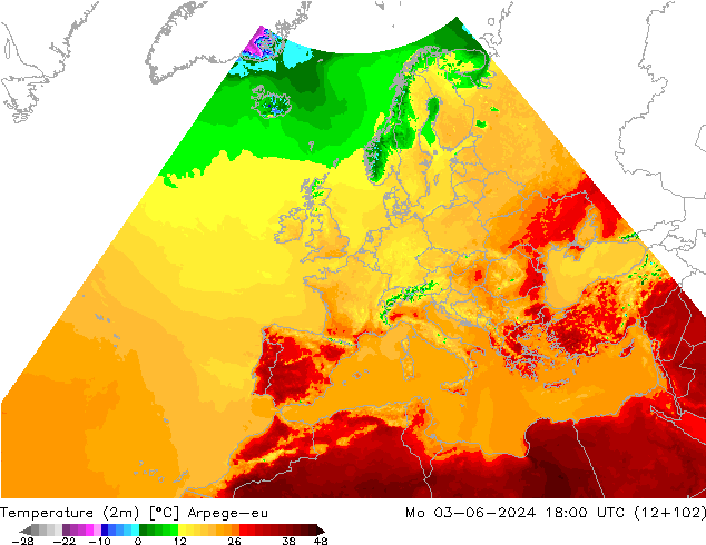 Temperature (2m) Arpege-eu Mo 03.06.2024 18 UTC