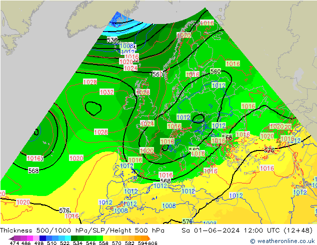 Schichtdicke 500-1000 hPa Arpege-eu Sa 01.06.2024 12 UTC