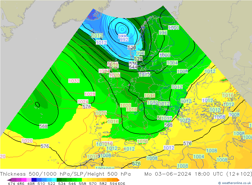 Dikte 500-1000hPa Arpege-eu ma 03.06.2024 18 UTC