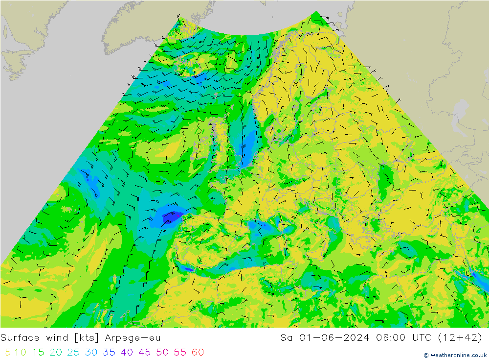 Surface wind Arpege-eu Sa 01.06.2024 06 UTC